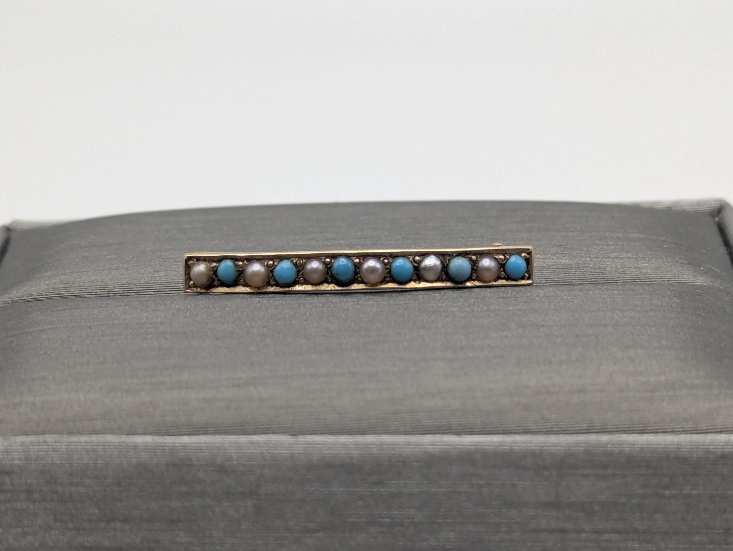 14k Yellow Gold Vintage Turquoise Seed Pearl Brooch Pin
