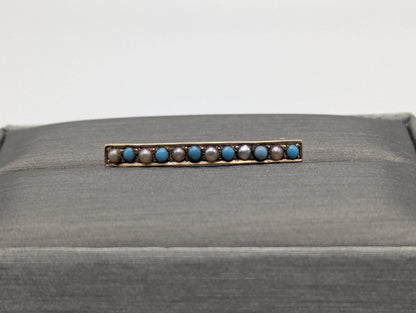 14k Yellow Gold Vintage Turquoise Seed Pearl Brooch Pin