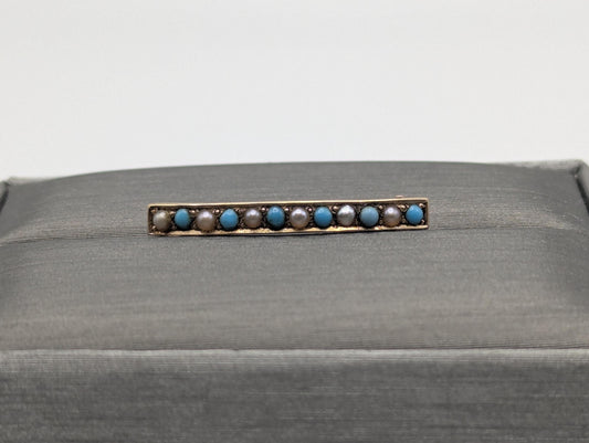 14k Yellow Gold Vintage Turquoise Seed Pearl Brooch Pin