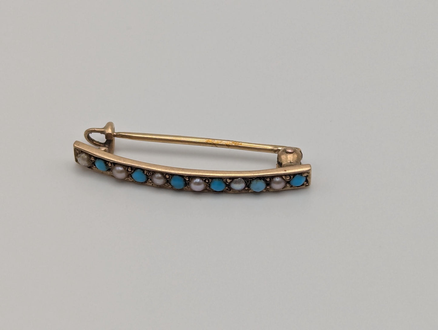 14k Yellow Gold Vintage Turquoise Seed Pearl Brooch Pin