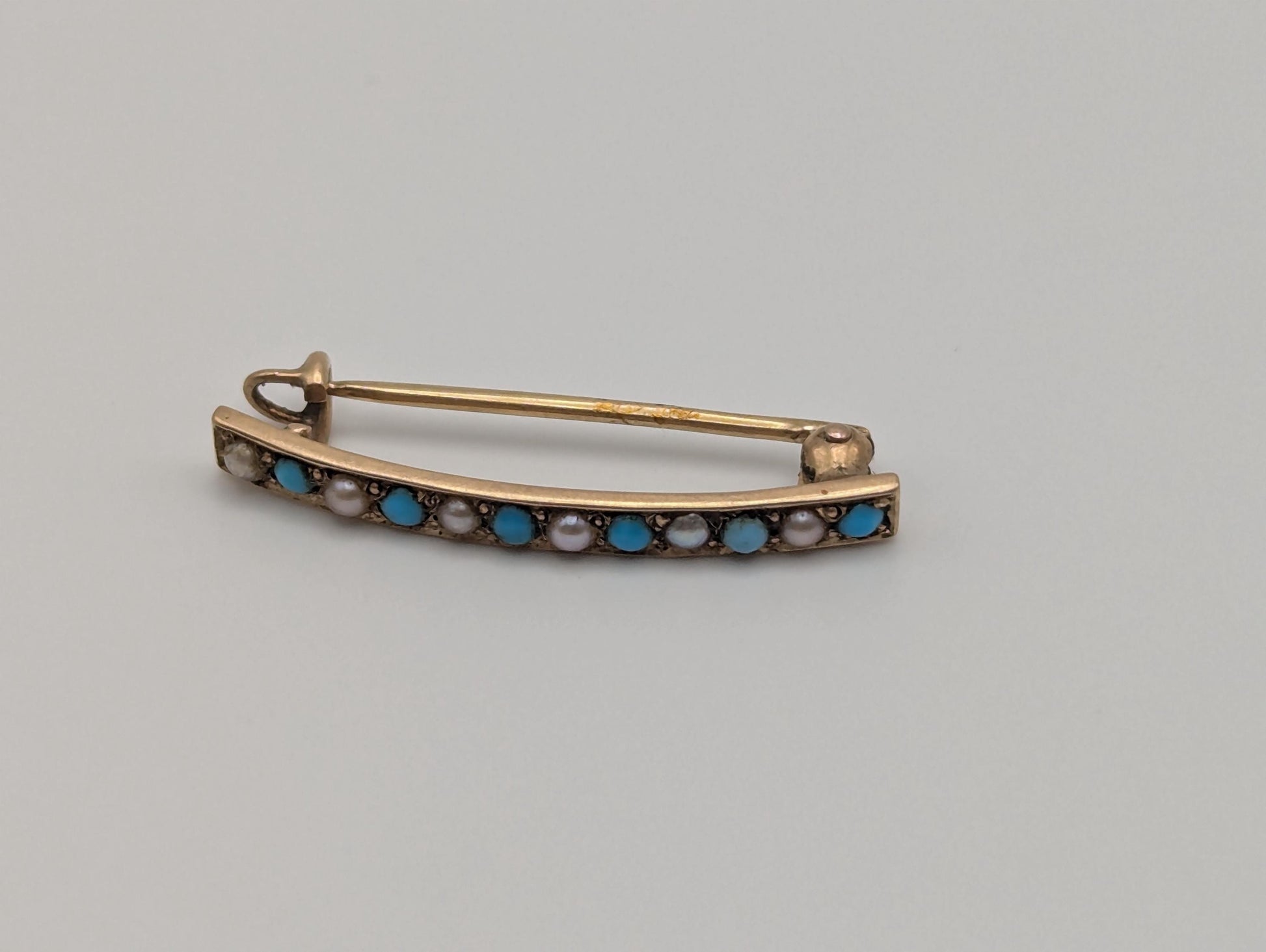 14k Yellow Gold Vintage Turquoise Seed Pearl Brooch Pin