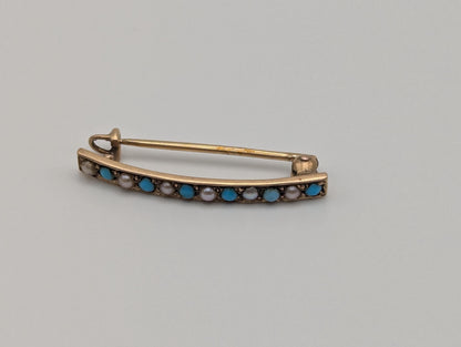 14k Yellow Gold Vintage Turquoise Seed Pearl Brooch Pin