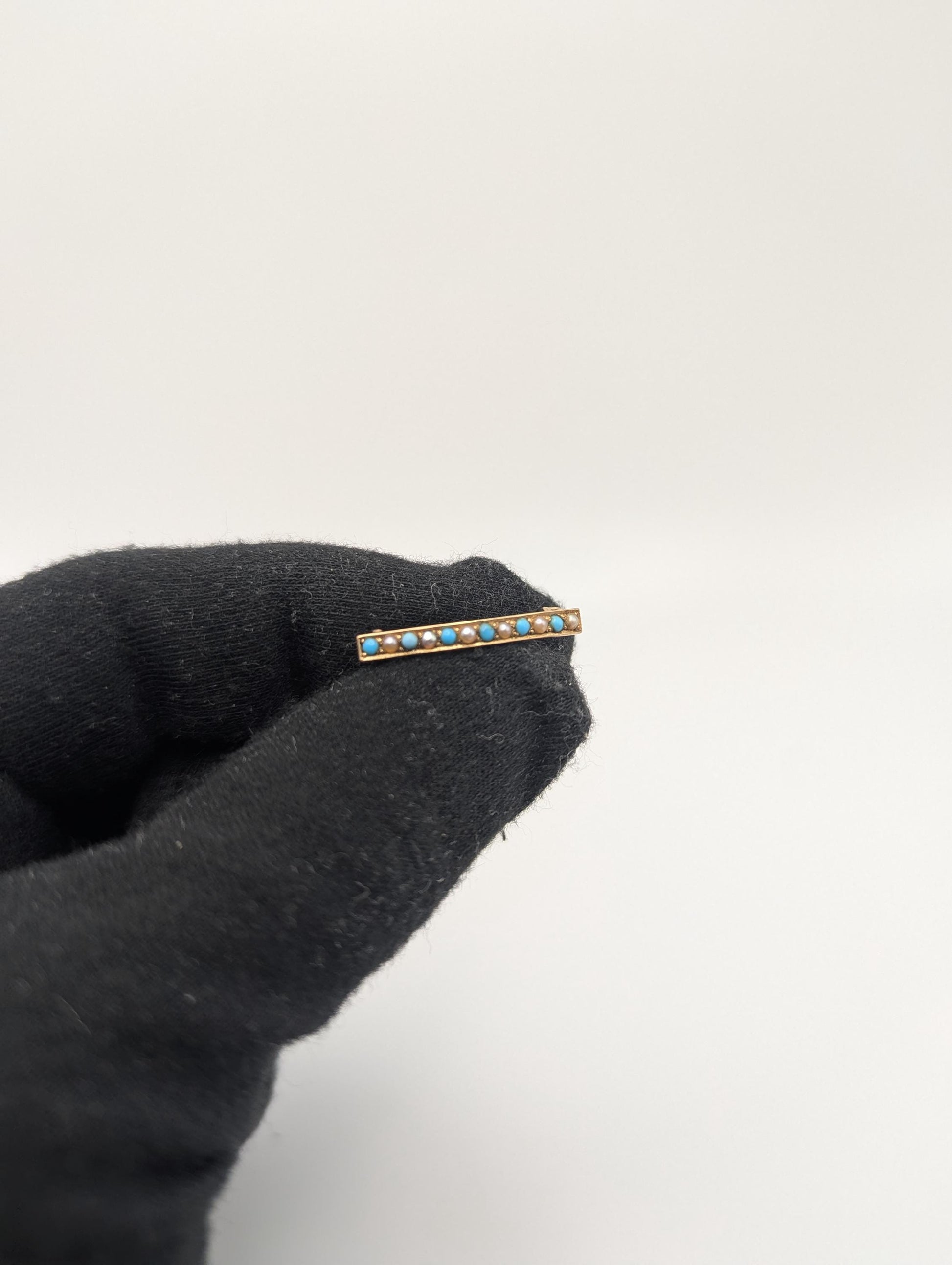 14k Yellow Gold Vintage Turquoise Seed Pearl Brooch Pin