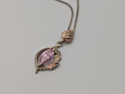 10k 12k Black Hills Gold Sterling Silver Pink Topaz w Gold Vine Pendant Necklace Chain