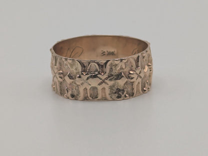 1900s JR Wood & Sons 10k Gold Etched Pattern Wedding Ring Cigar Band Antique