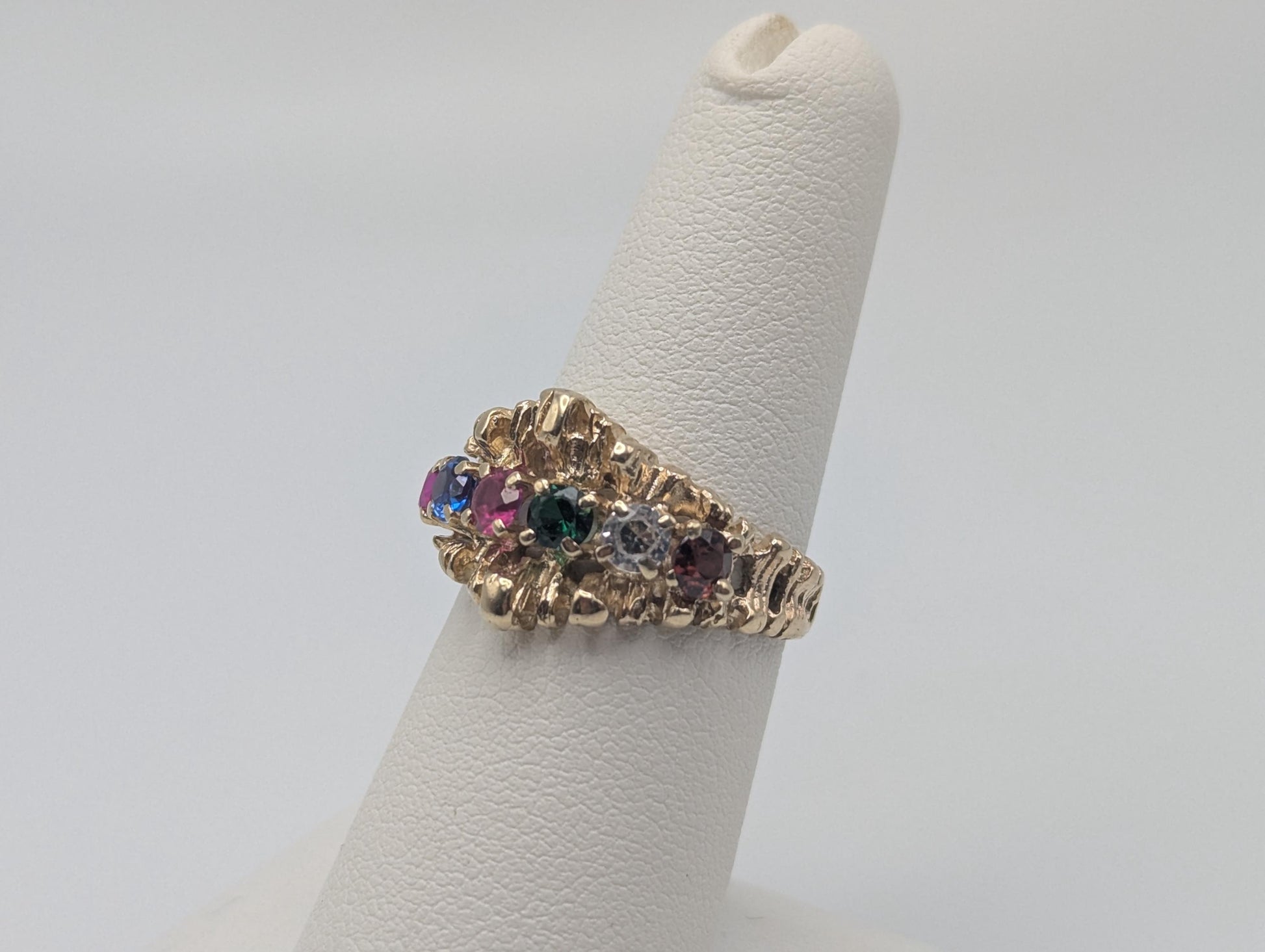 14k Gold Vintage Mothers Nugget Ring Multi-Gem Cluster Band Diamond Ruby Sapphire emerald Garnet