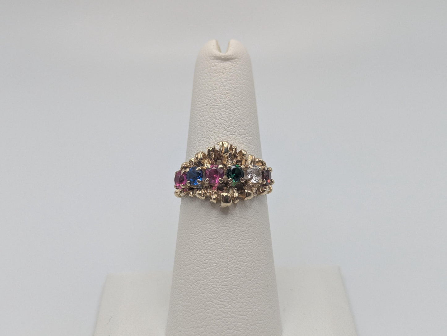 14k Gold Vintage Mothers Nugget Ring Multi-Gem Cluster Band Diamond Ruby Sapphire emerald Garnet
