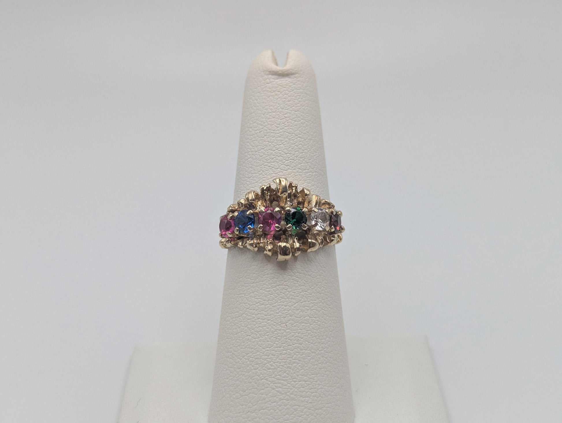 14k Gold Vintage Mothers Nugget Ring Multi-Gem Cluster Band Diamond Ruby Sapphire emerald Garnet