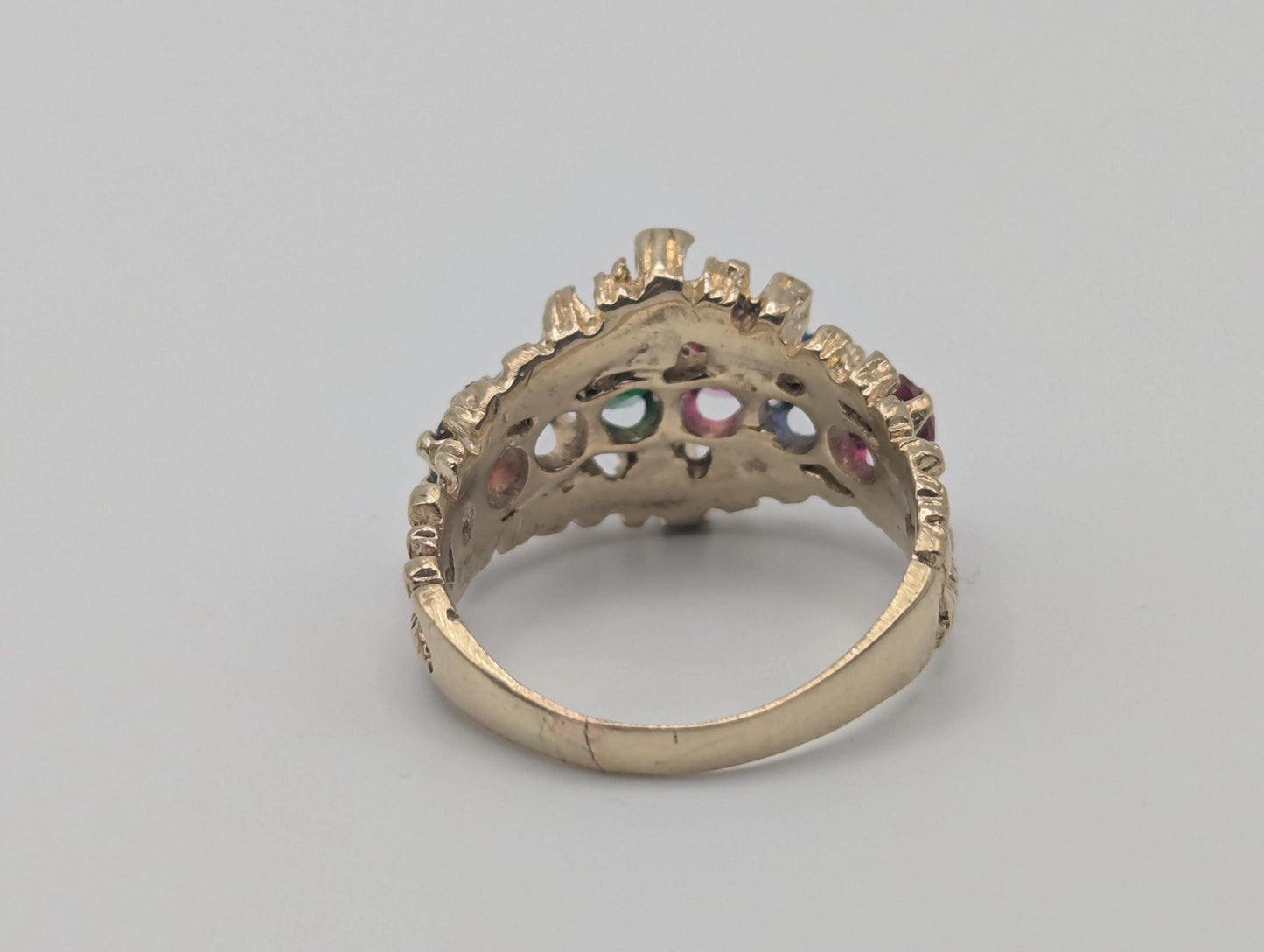 14k Gold Vintage Mothers Nugget Ring Multi-Gem Cluster Band Diamond Ruby Sapphire emerald Garnet