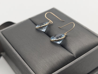 10K APPRAISED! Gold London Blue Topaz Drop Dangle Earrings Round Bezel Set Topaz Earrings