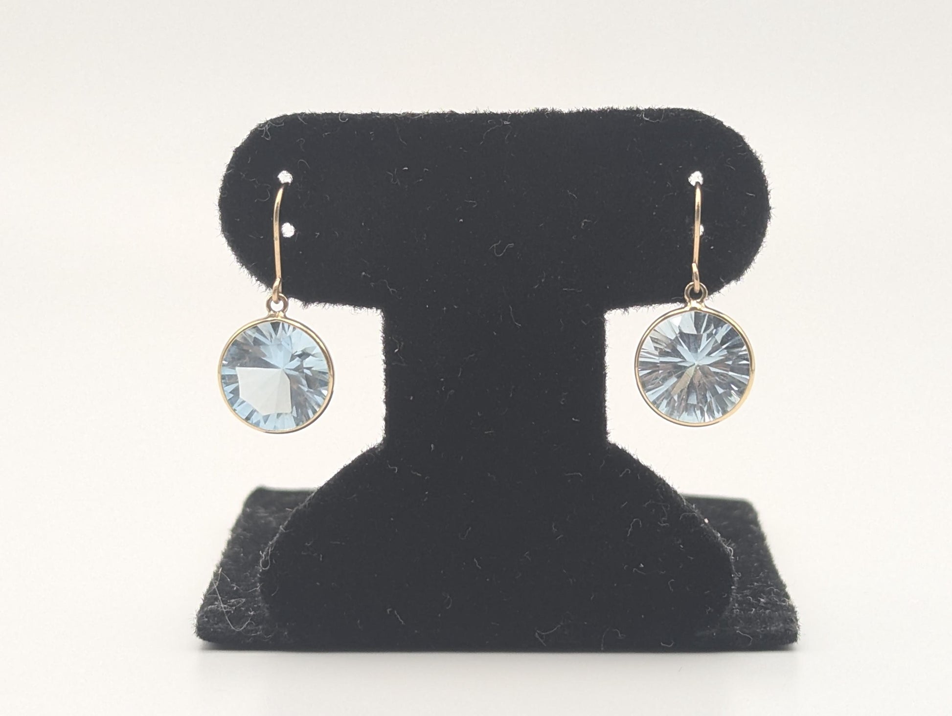 10K APPRAISED! Gold London Blue Topaz Drop Dangle Earrings Round Bezel Set Topaz Earrings