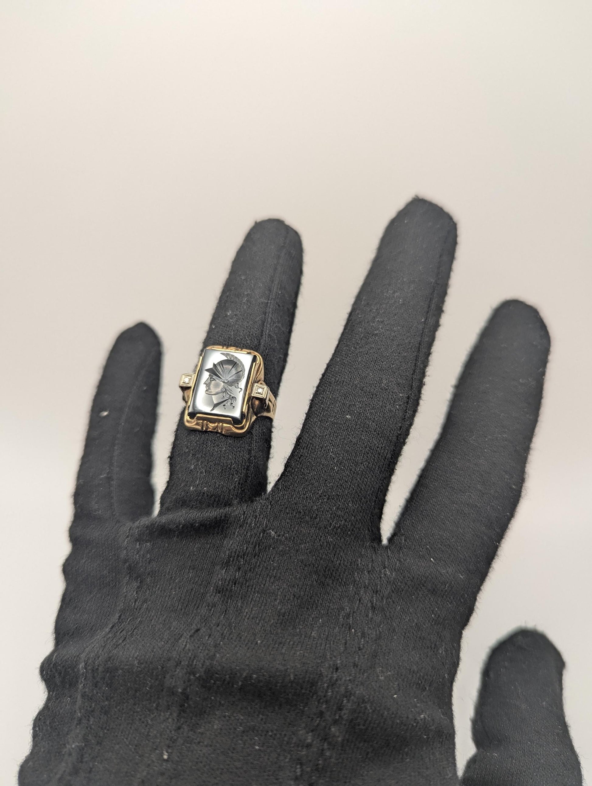 Antique 10k Gold Diamond Mens Carved Hematite Roman Warrior Intaglio Cameo Ring Signet Ring