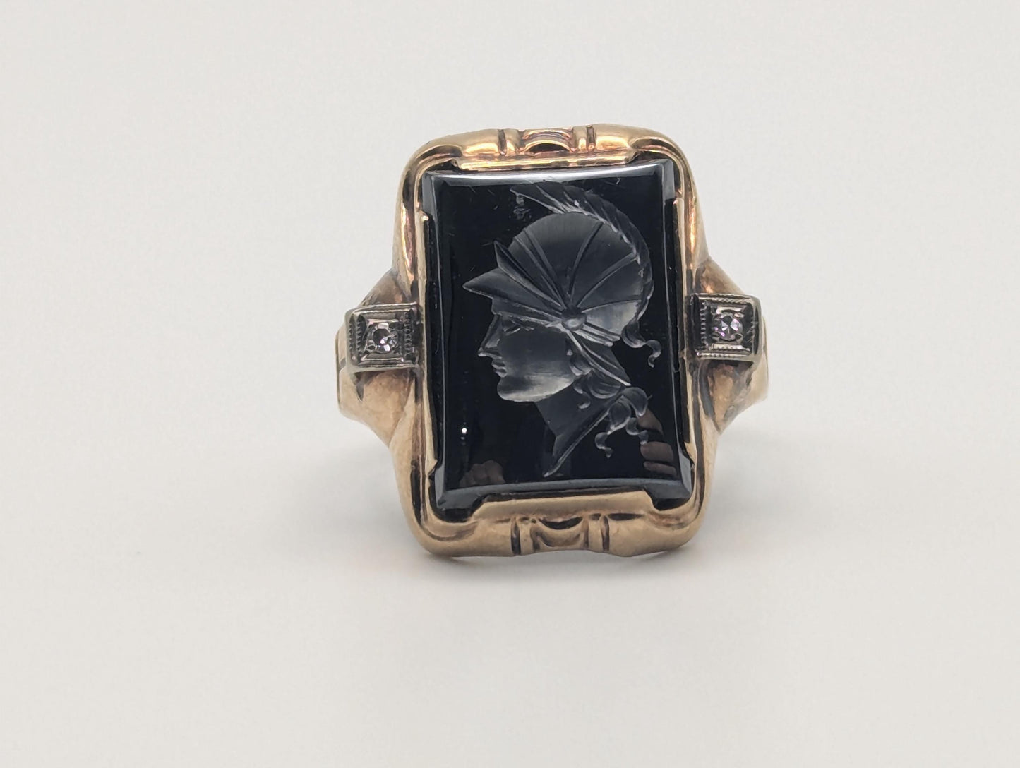 Antique 10k Gold Diamond Mens Carved Hematite Roman Warrior Intaglio Cameo Ring Signet Ring