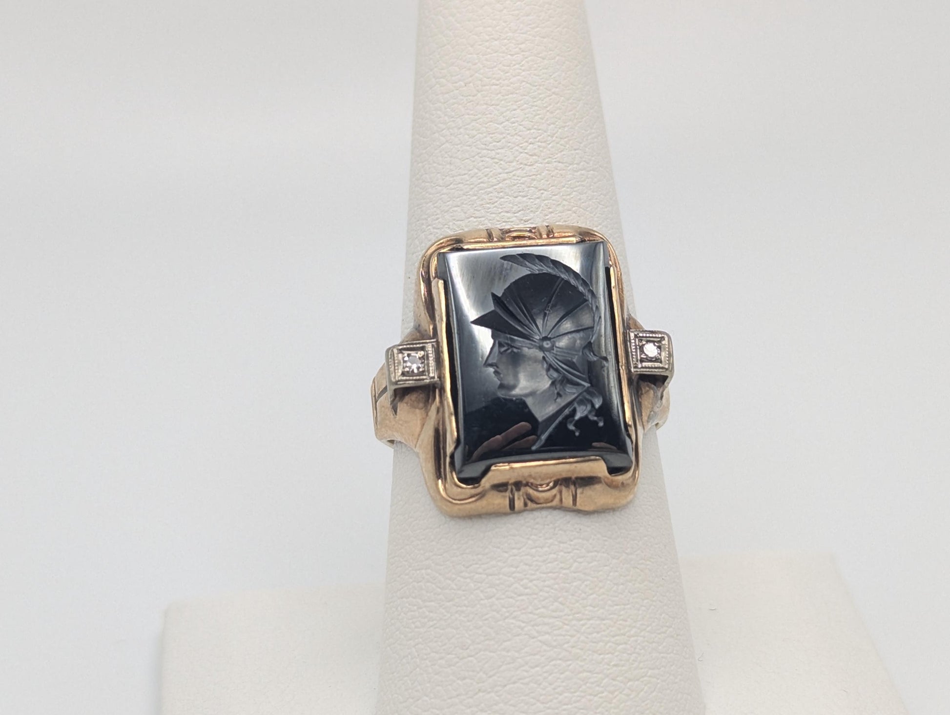 Antique 10k Gold Diamond Mens Carved Hematite Roman Warrior Intaglio Cameo Ring Signet Ring