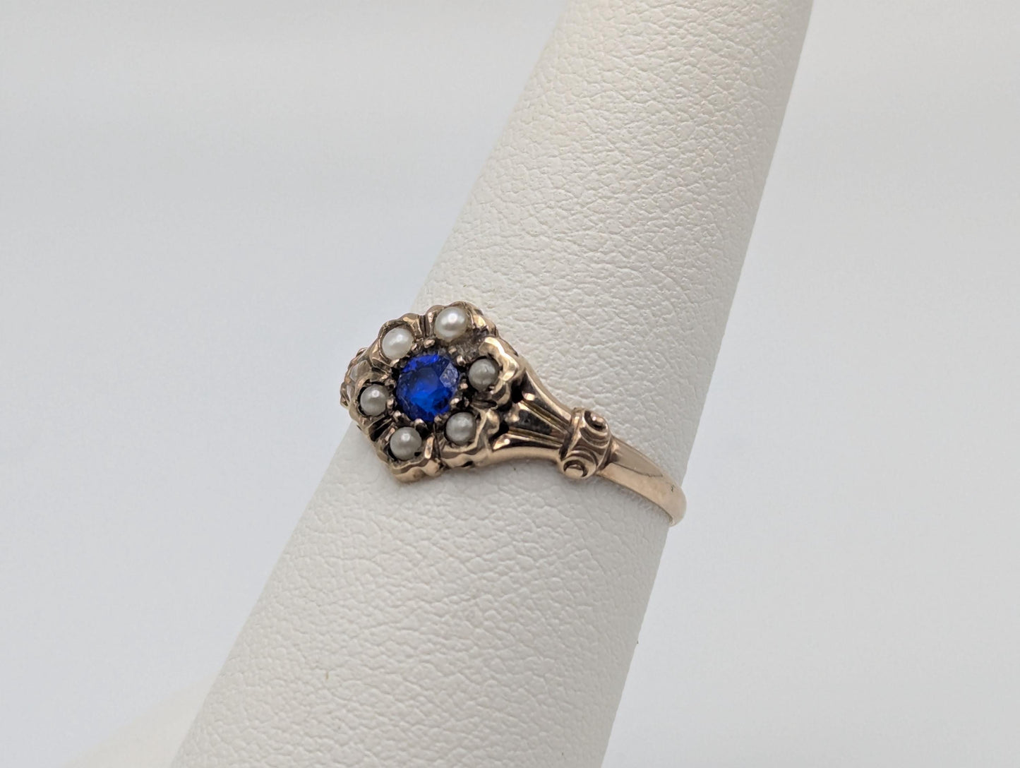 10k Victorian Gold Sapphire Seed Pearl Ring Wedding Cocktail Promise Band