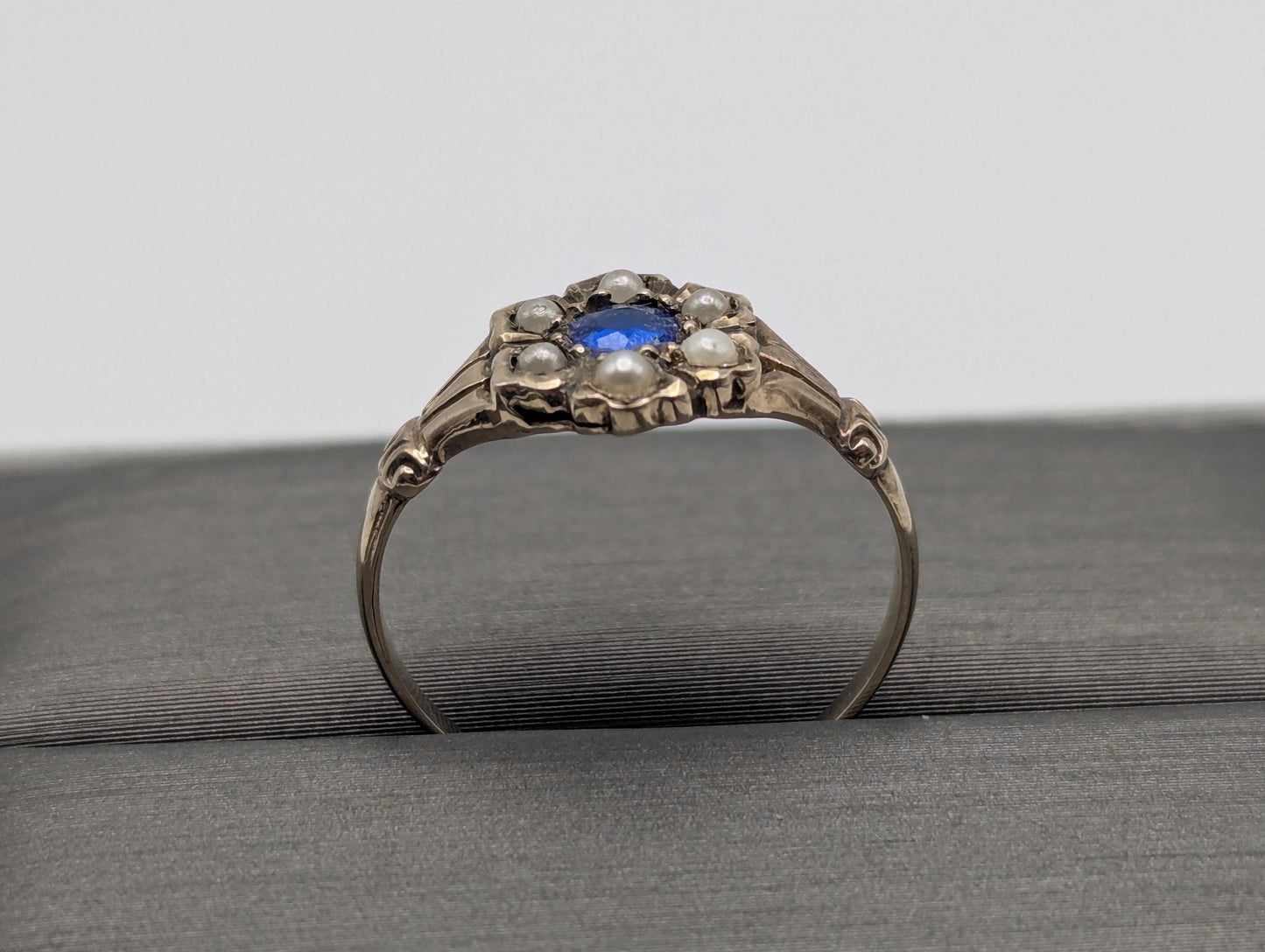 10k Victorian Gold Sapphire Seed Pearl Ring Wedding Cocktail Promise Band