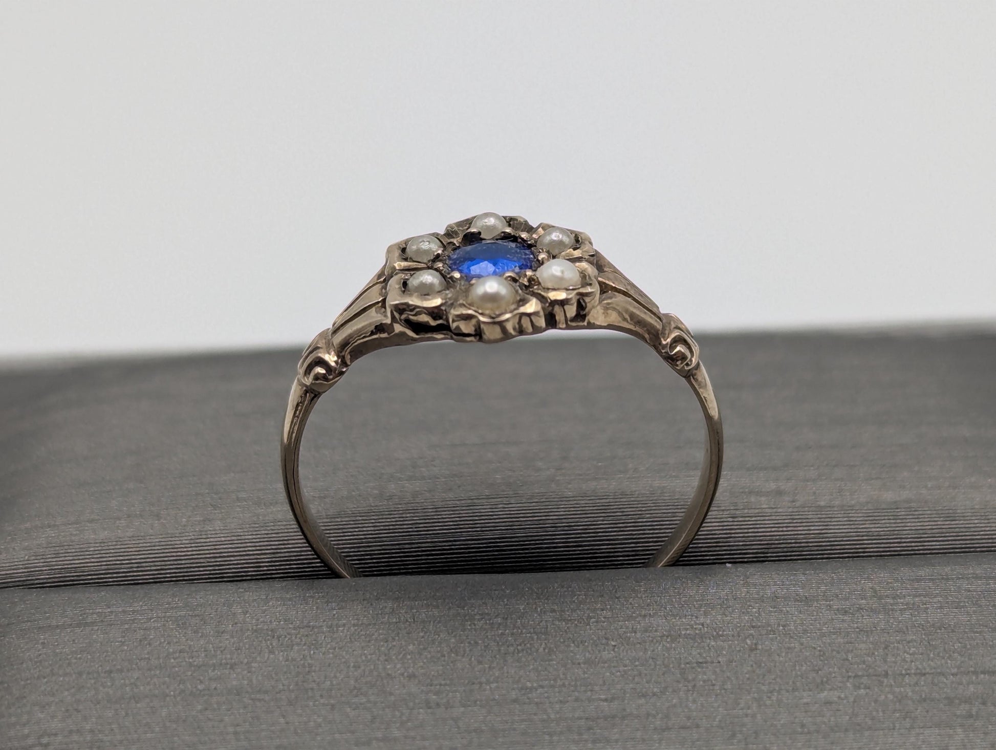 10k Victorian Gold Sapphire Seed Pearl Ring Wedding Cocktail Promise Band