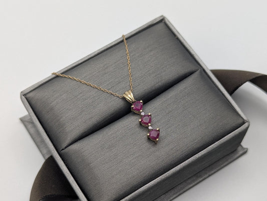 10k Gold Diamond & Ruby 3 Heat Love Stone Journey Necklace Pendant Yellow Gold Chain