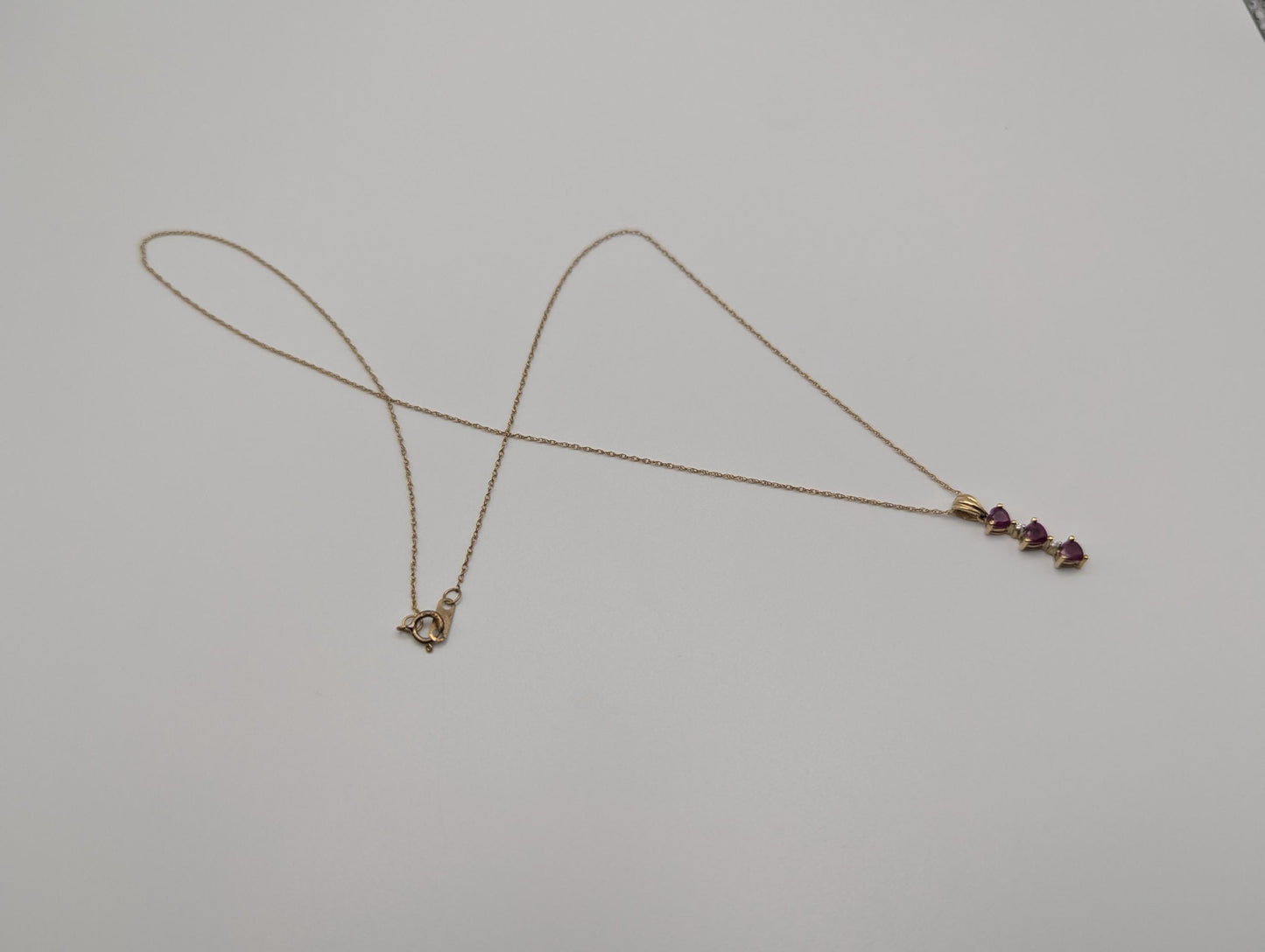 10k Gold Diamond & Ruby 3 Heat Love Stone Journey Necklace Pendant Yellow Gold Chain