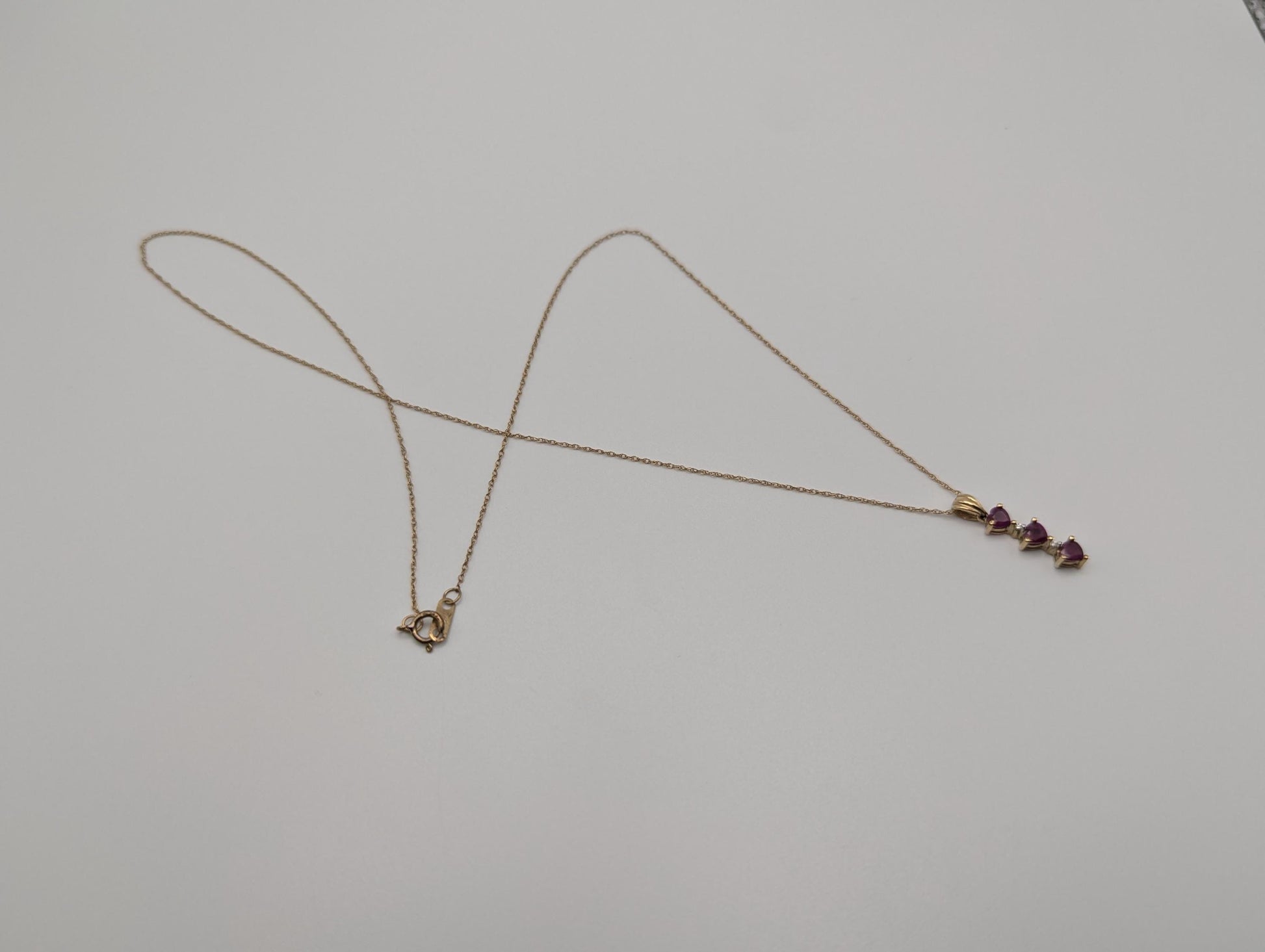 10k Gold Diamond & Ruby 3 Heat Love Stone Journey Necklace Pendant Yellow Gold Chain