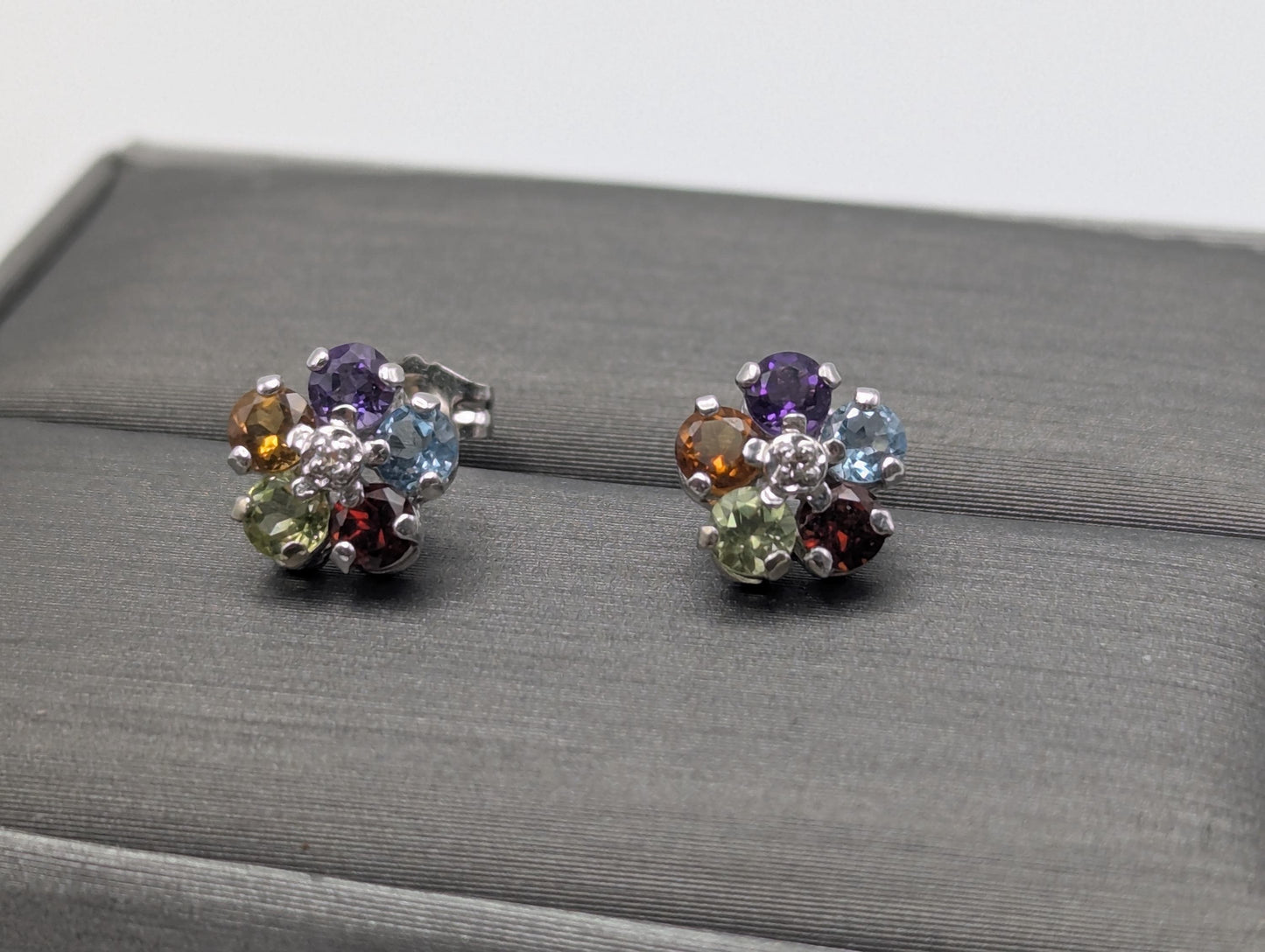 14K White Gold Flower Multi Gem Stud Earrings Minimalist Studs