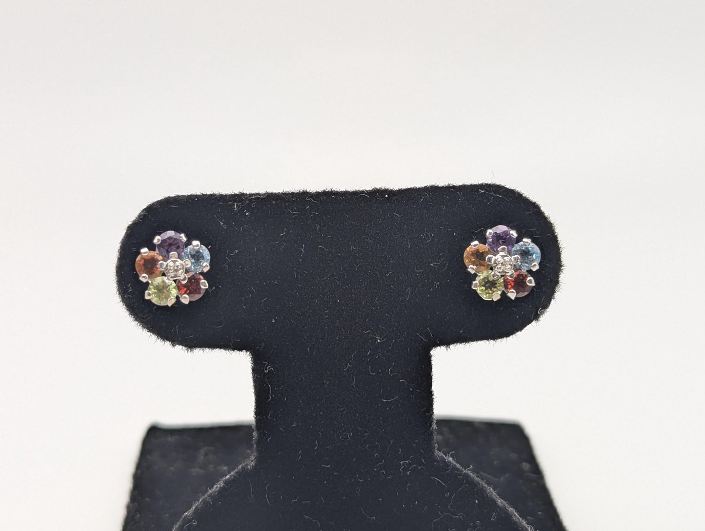 14K White Gold Flower Multi Gem Stud Earrings Minimalist Studs