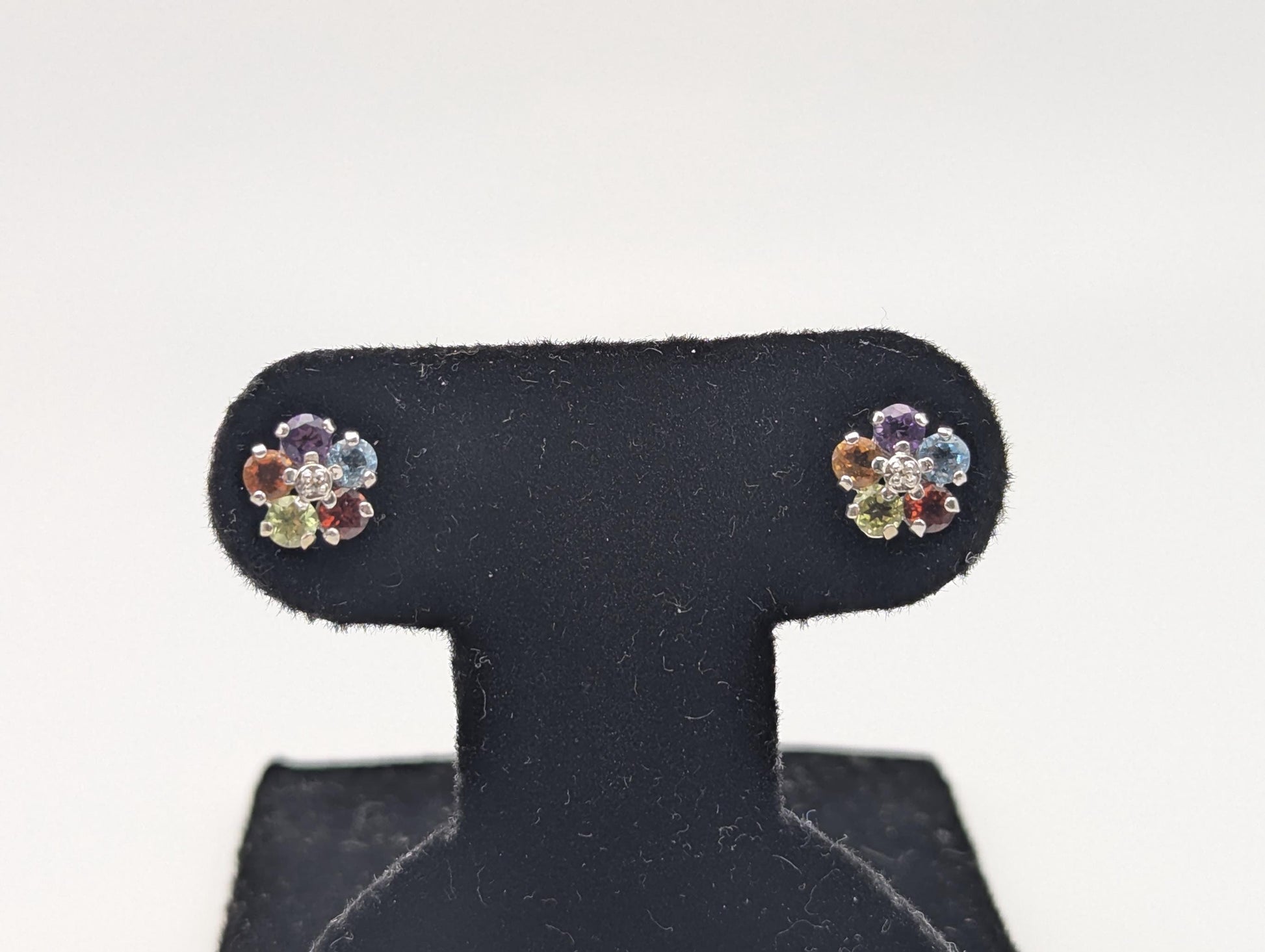 14K White Gold Flower Multi Gem Stud Earrings Minimalist Studs