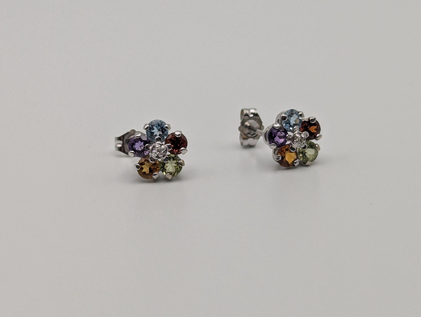 14K White Gold Flower Multi Gem Stud Earrings Minimalist Studs