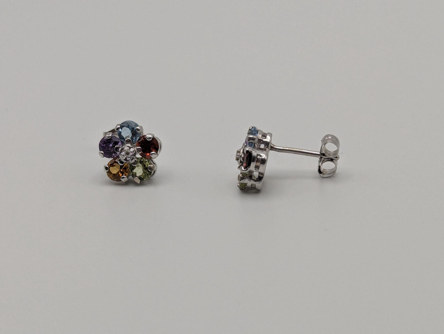 14K White Gold Flower Multi Gem Stud Earrings Minimalist Studs