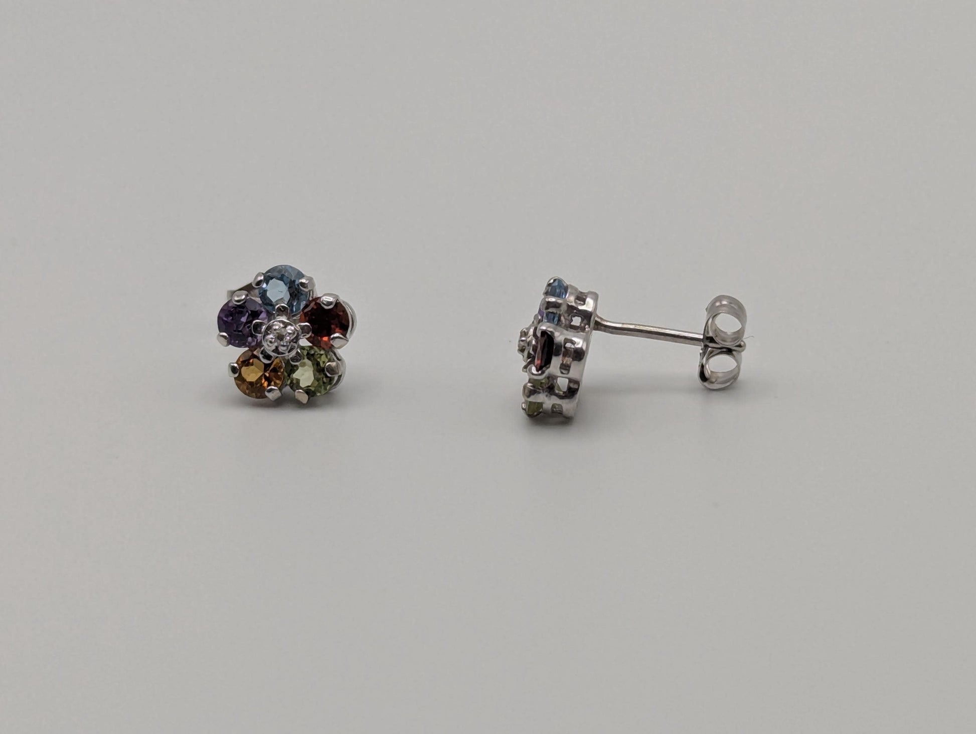 14K White Gold Flower Multi Gem Stud Earrings Minimalist Studs