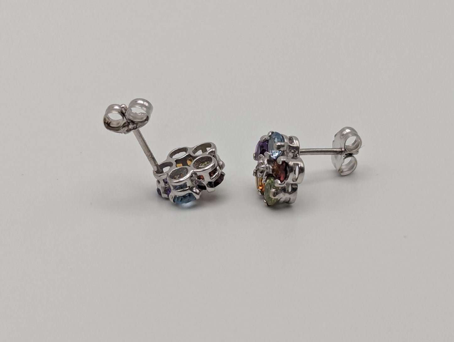 14K White Gold Flower Multi Gem Stud Earrings Minimalist Studs