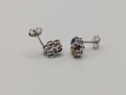 14K White Gold Flower Multi Gem Stud Earrings Minimalist Studs