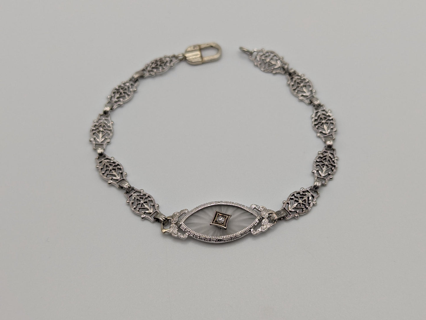 Art Deco 14k White Gold Camphor Diamond Bracelet 6" Vintage Crystal Filigree