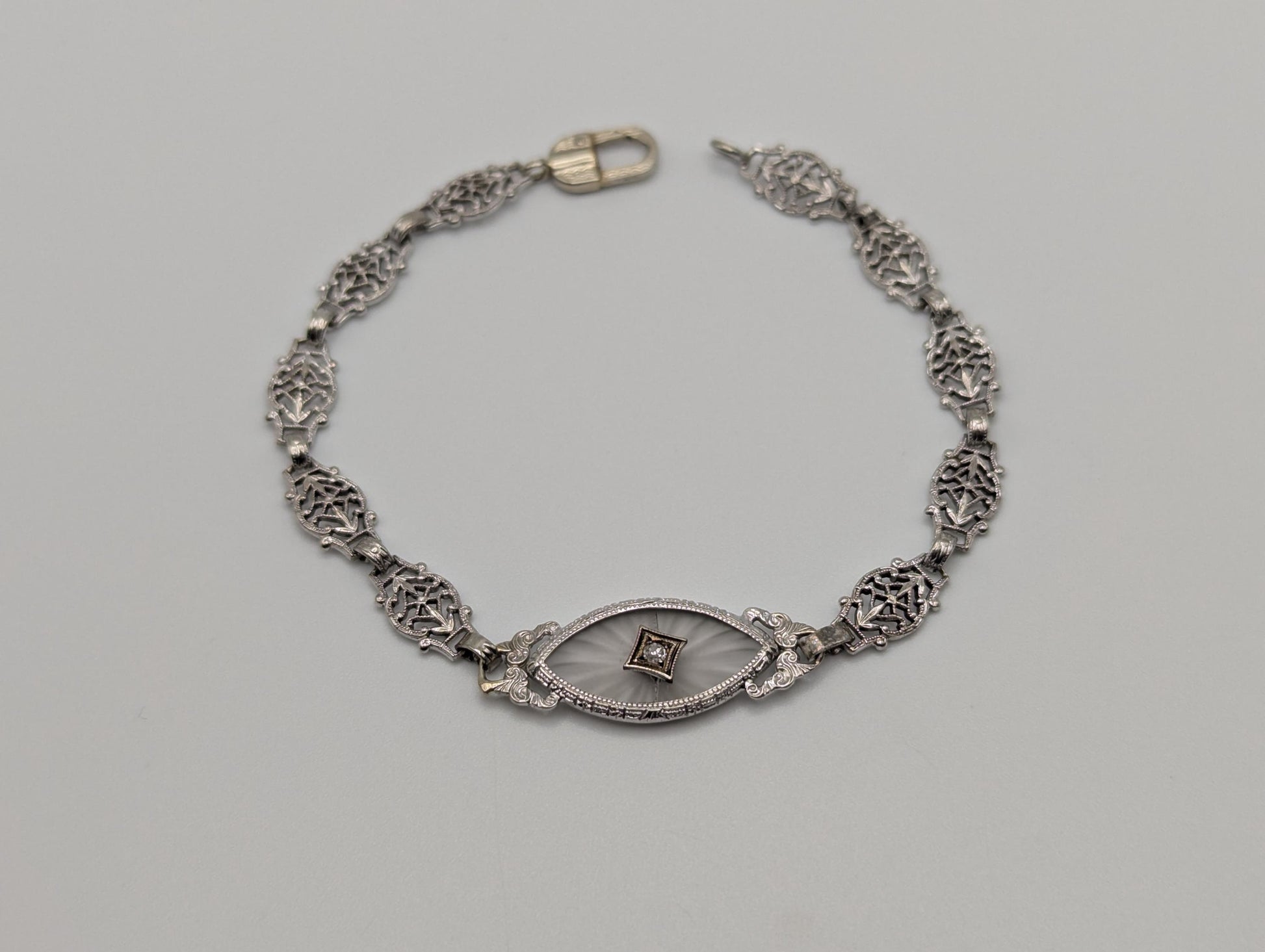 Art Deco 14k White Gold Camphor Diamond Bracelet 6" Vintage Crystal Filigree