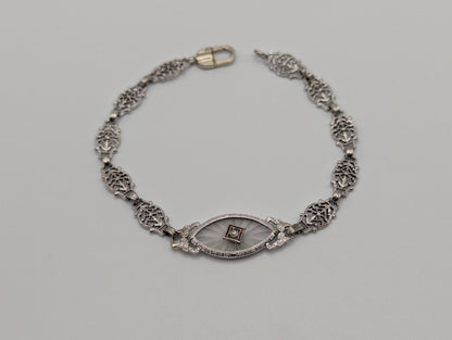 Art Deco 14k White Gold Camphor Diamond Bracelet 6" Vintage Crystal Filigree
