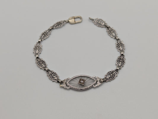 Art Deco 14k White Gold Camphor Diamond Bracelet 6" Vintage Crystal Filigree