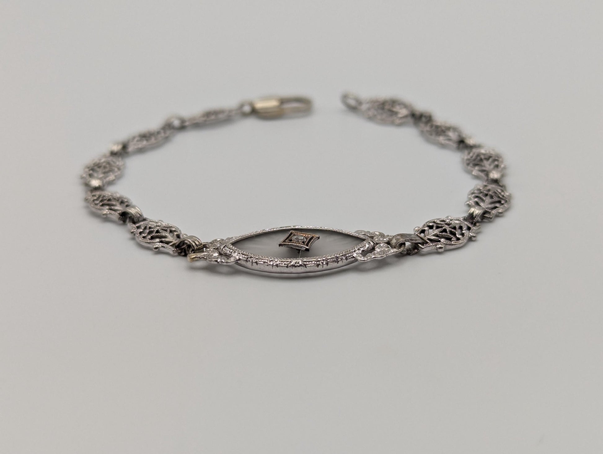 Art Deco 14k White Gold Camphor Diamond Bracelet 6" Vintage Crystal Filigree