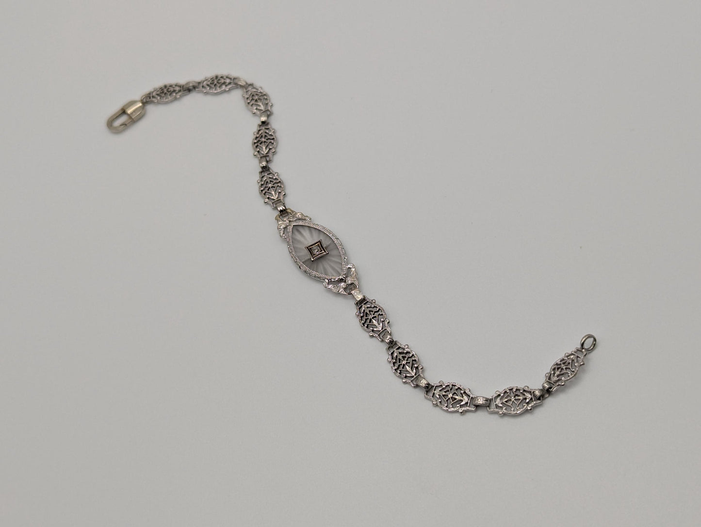 Art Deco 14k White Gold Camphor Diamond Bracelet 6" Vintage Crystal Filigree