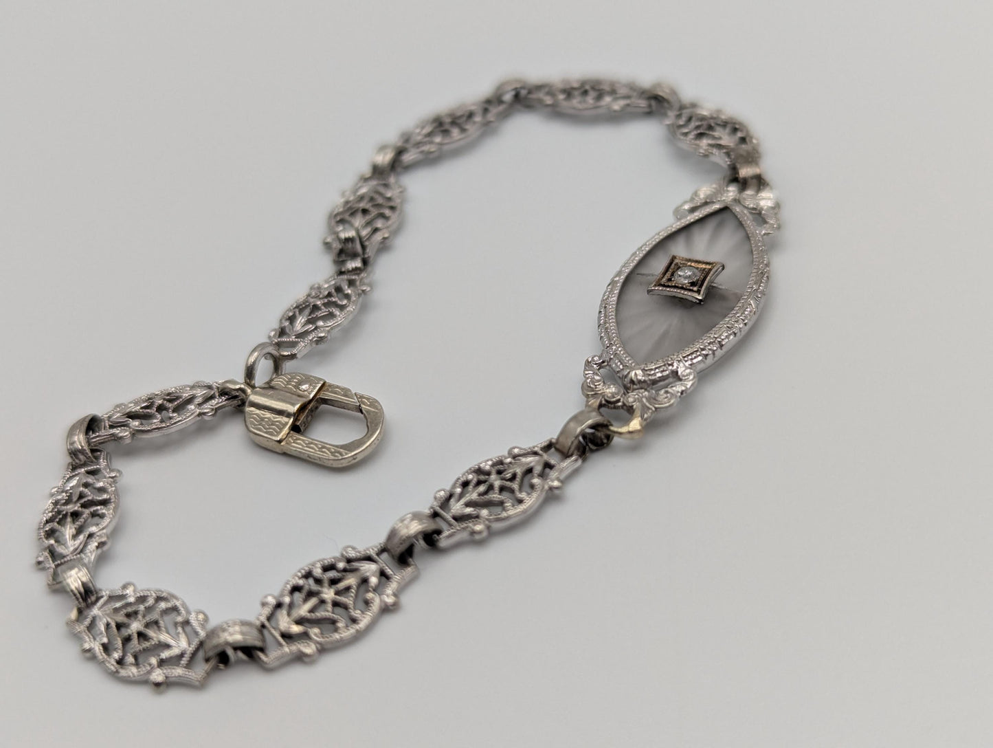 Art Deco 14k White Gold Camphor Diamond Bracelet 6" Vintage Crystal Filigree