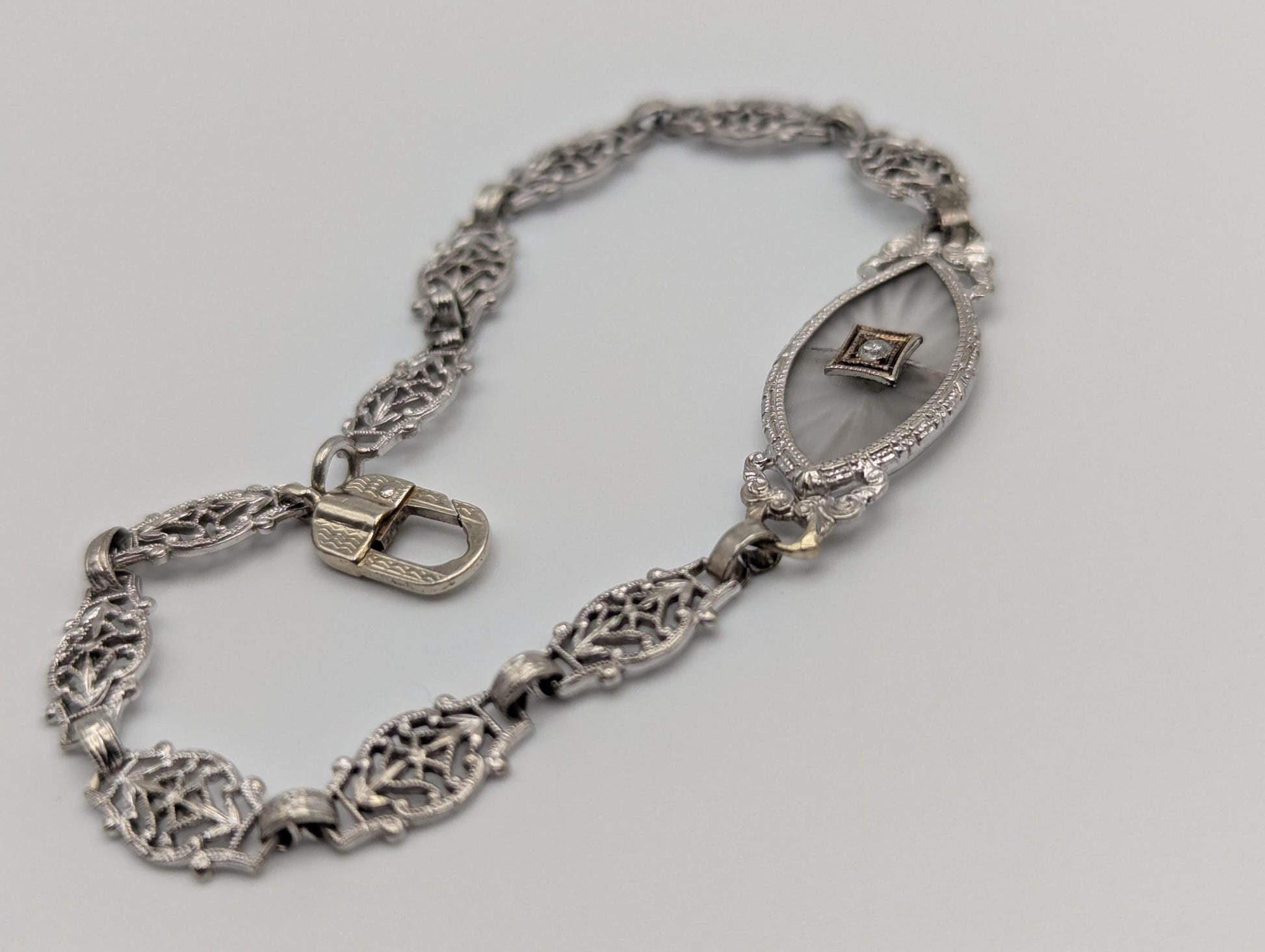 Art Deco 14k White Gold Camphor Diamond Bracelet 6" Vintage Crystal Filigree