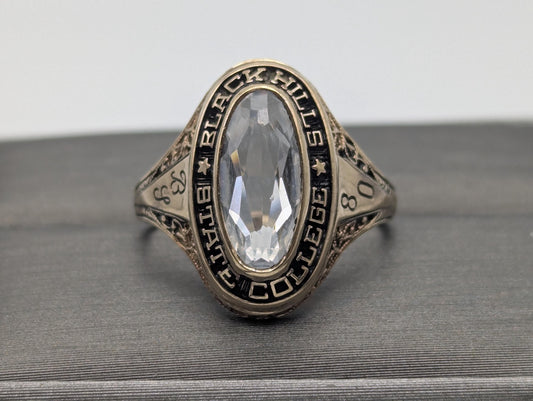 14k Vintage Solid Yellow Gold Spinel 1980 Black Hill State College School Ring. Pinky Ring