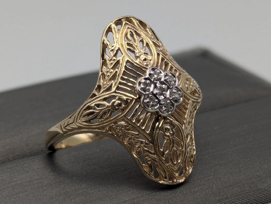 14k Yellow Gold Diamond Filigree Shield Ring Wedding Handmade Diamond Art Deco band