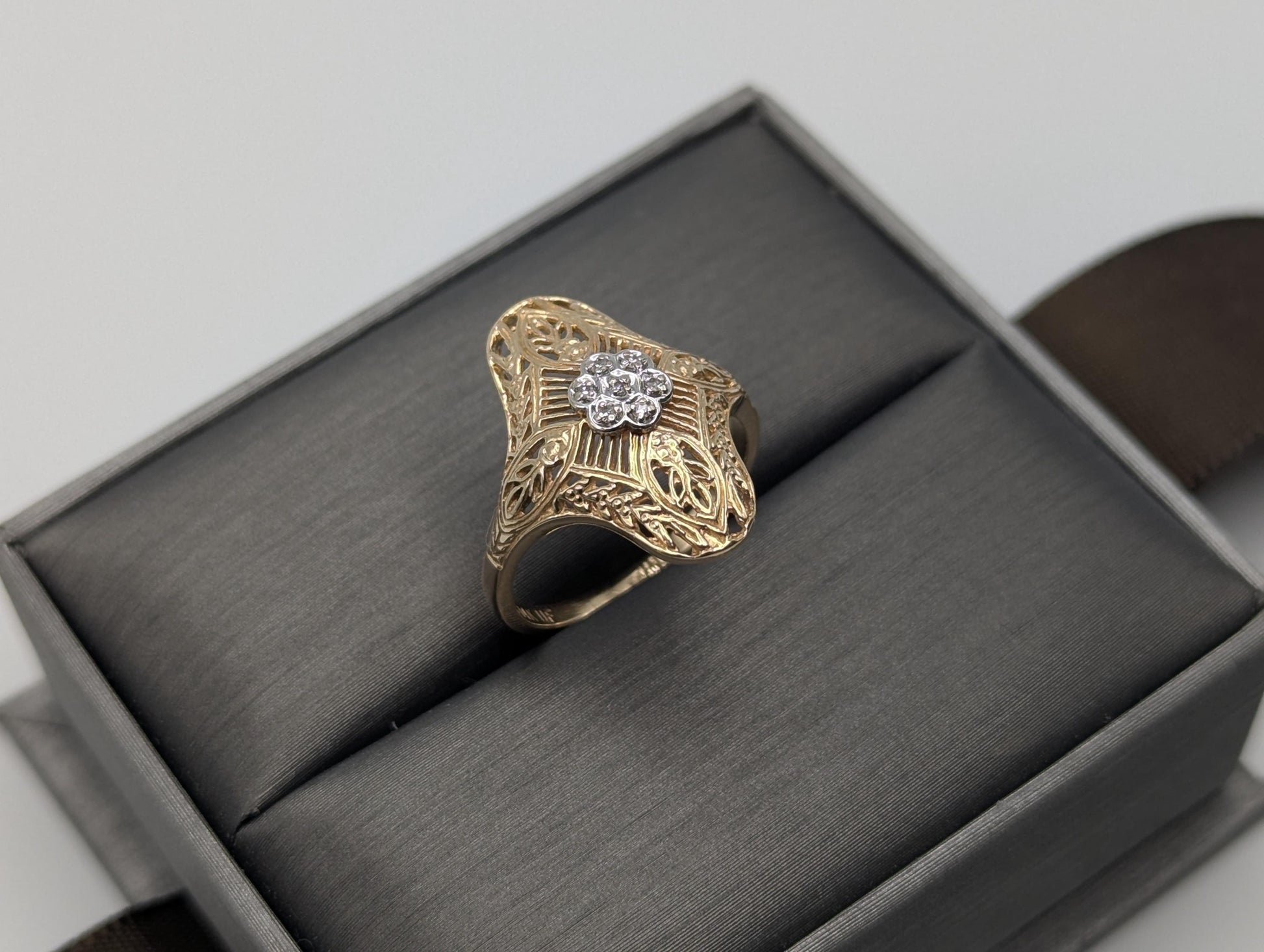 14k Yellow Gold Diamond Filigree Shield Ring Wedding Handmade Diamond Art Deco band