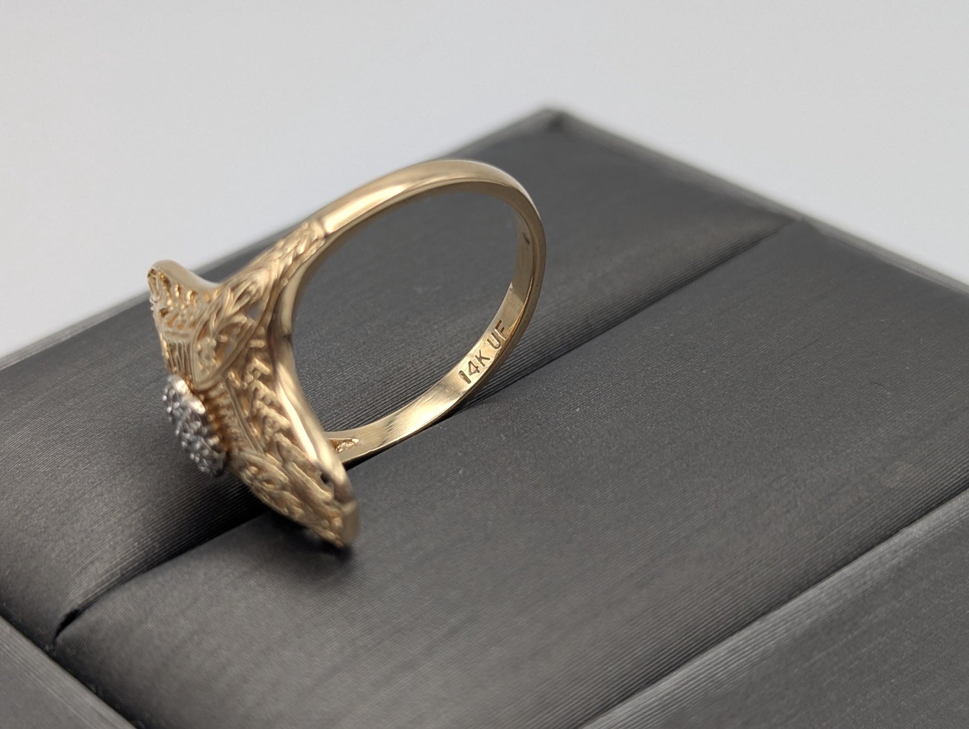 14k Yellow Gold Diamond Filigree Shield Ring Wedding Handmade Diamond Art Deco band