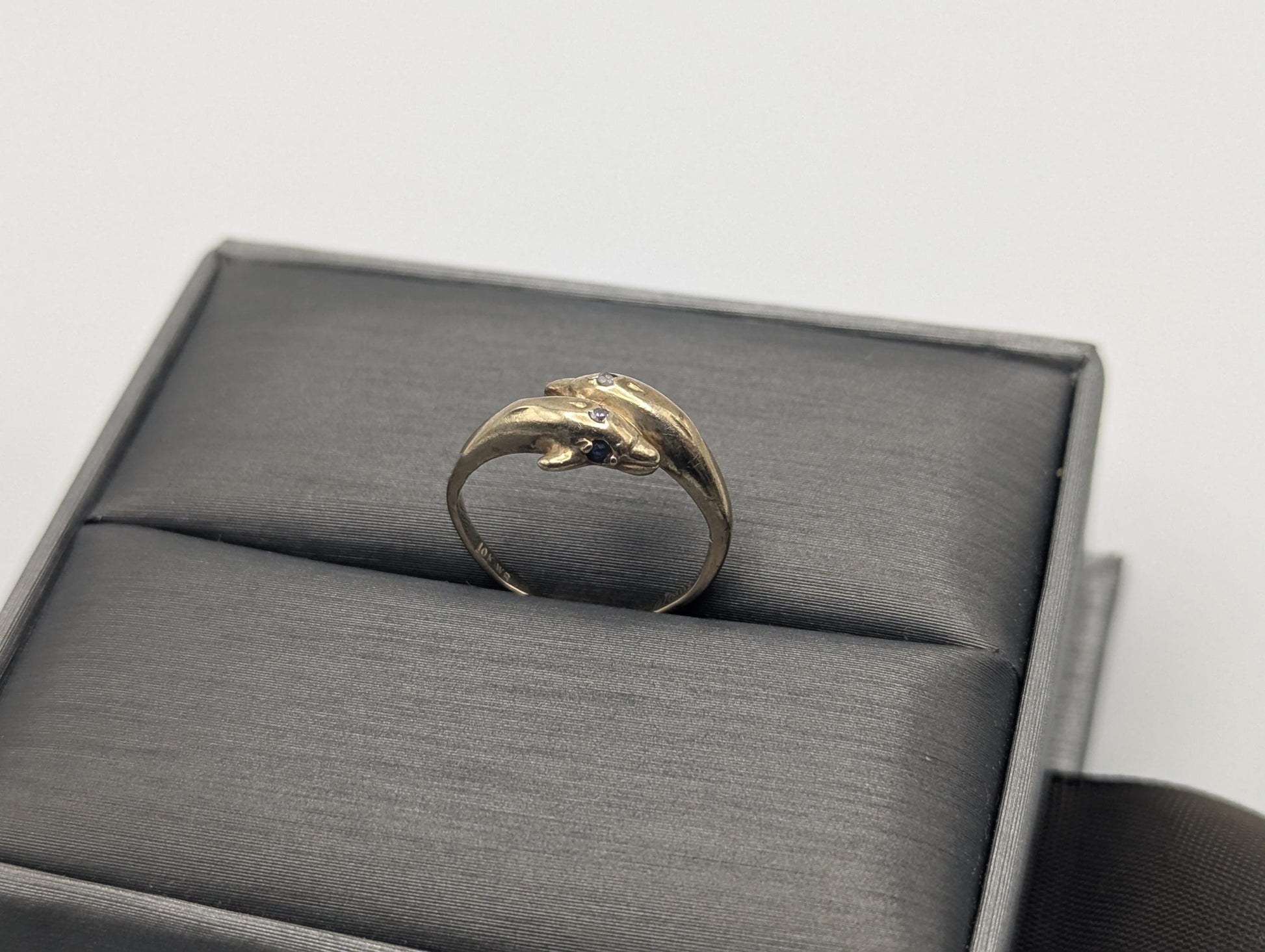 10k Yellow Gold Dolphin Sapphire Diamond Promise Ring Band FREE RESIZE