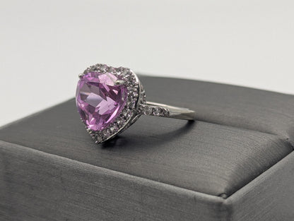 10k White Gold Pink Sapphire Heart Ring w Clear Sapphire Filigree Womens Cocktail Ring