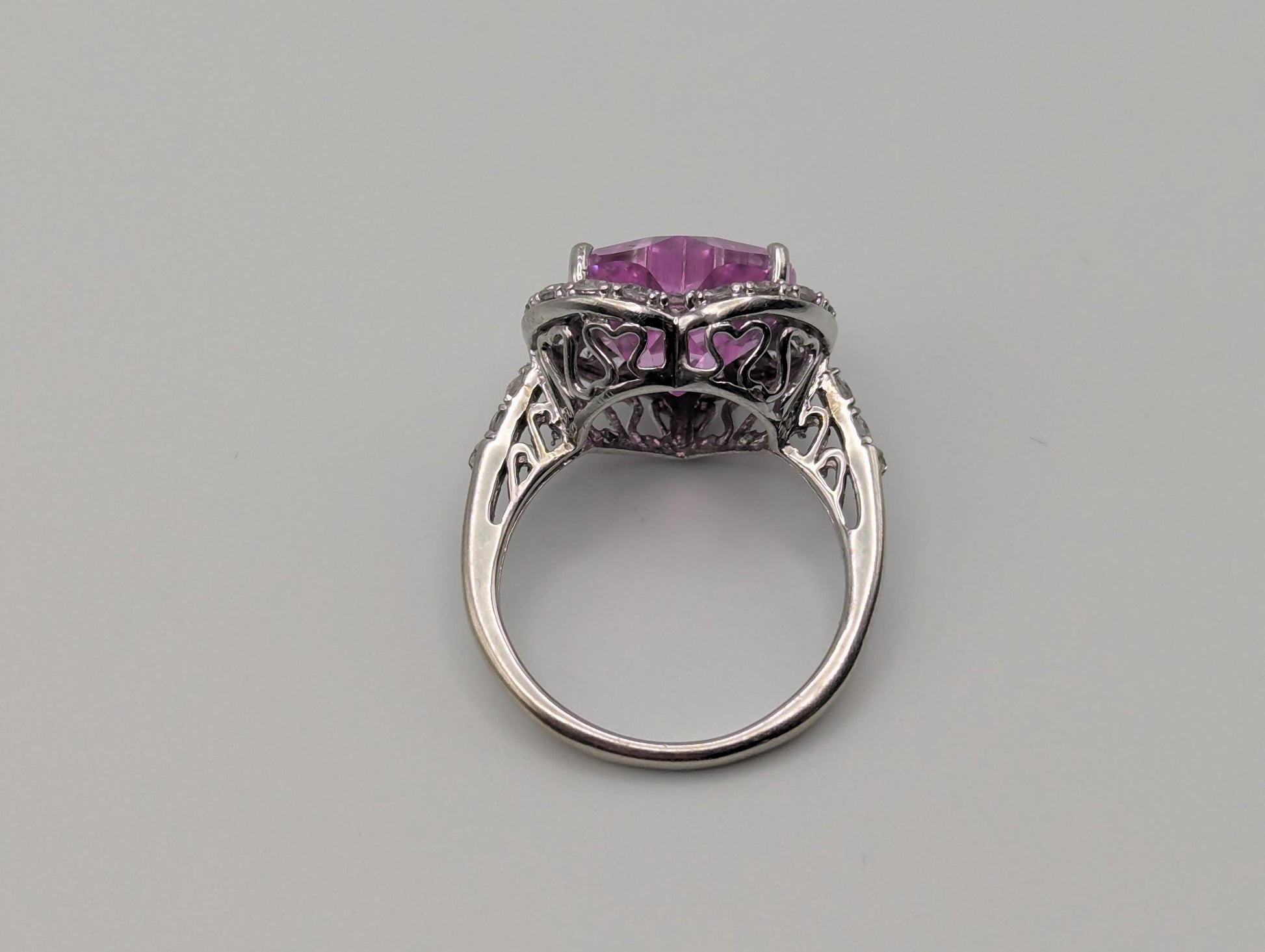 10k White Gold Pink Sapphire Heart Ring w Clear Sapphire Filigree Womens Cocktail Ring