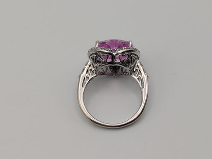 10k White Gold Pink Sapphire Heart Ring w Clear Sapphire Filigree Womens Cocktail Ring