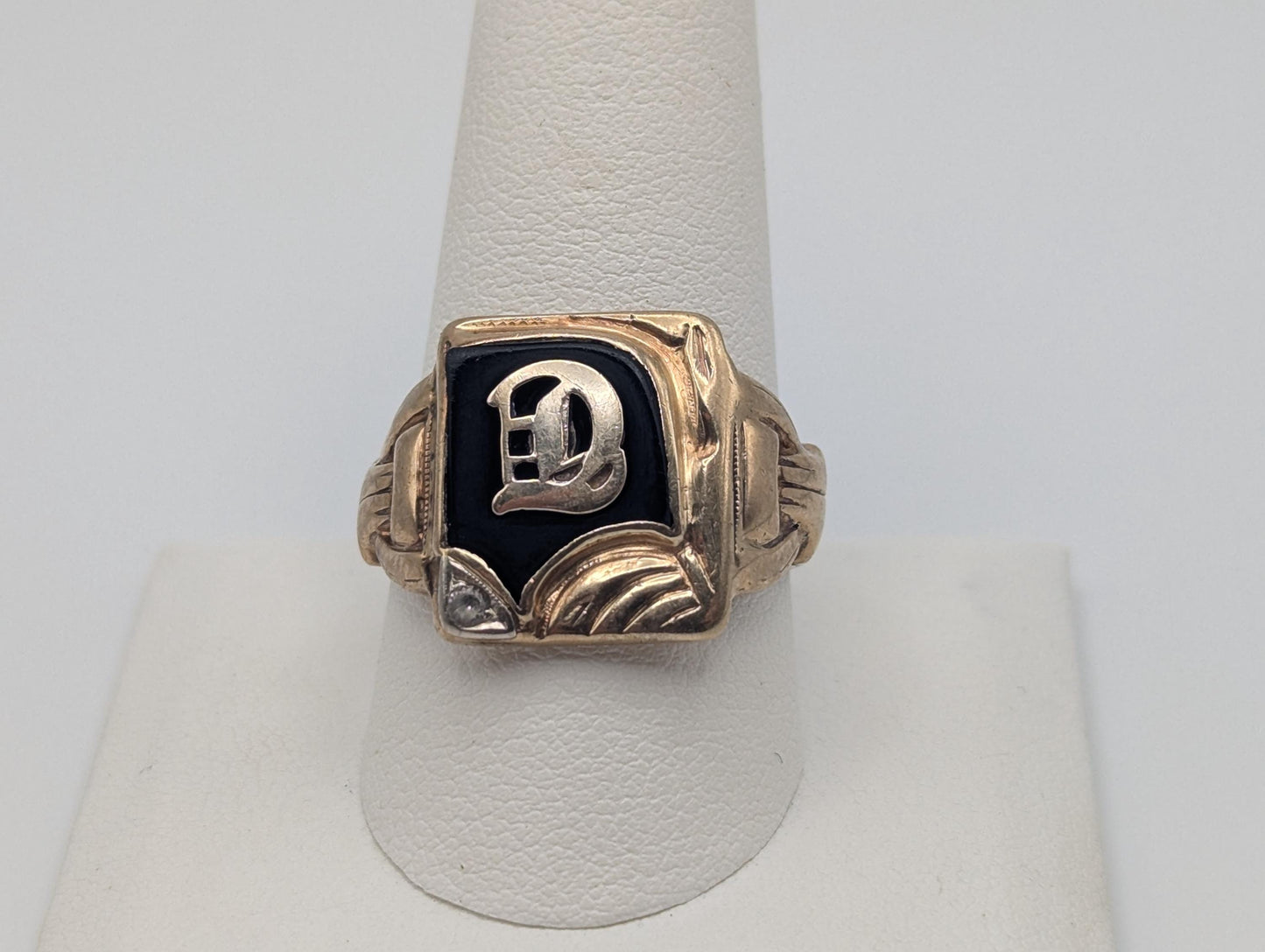 Victorian Gold Initial D 7.0gr Diamond 10k Black Onyx Mens Signet Ring FREE RESIZE
