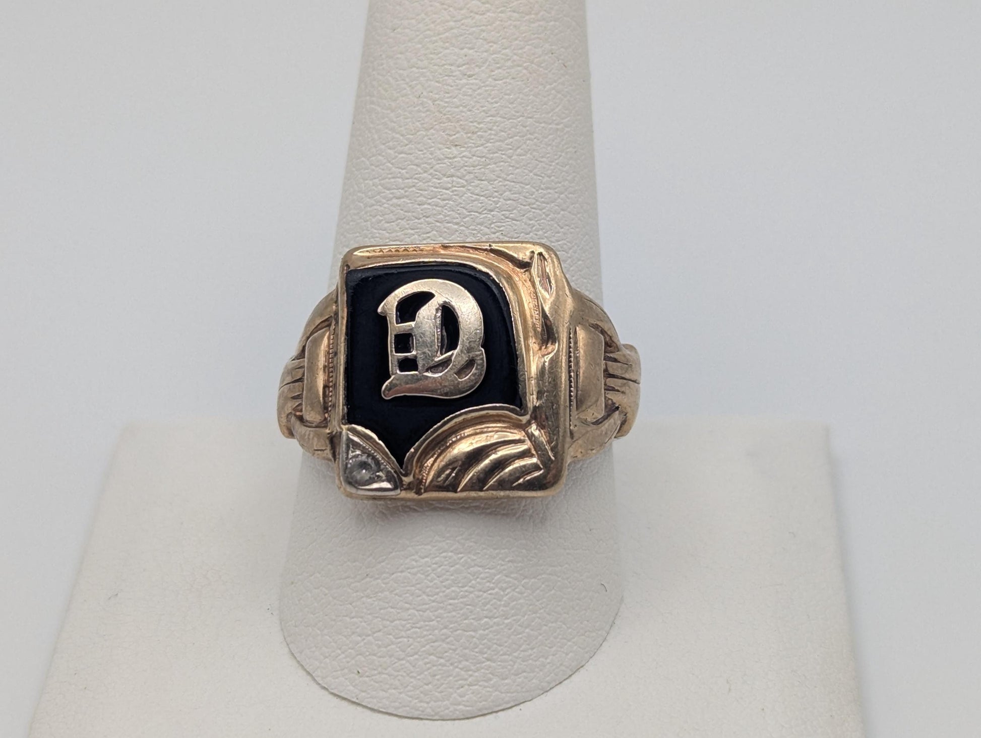 Victorian Gold Initial D 7.0gr Diamond 10k Black Onyx Mens Signet Ring FREE RESIZE